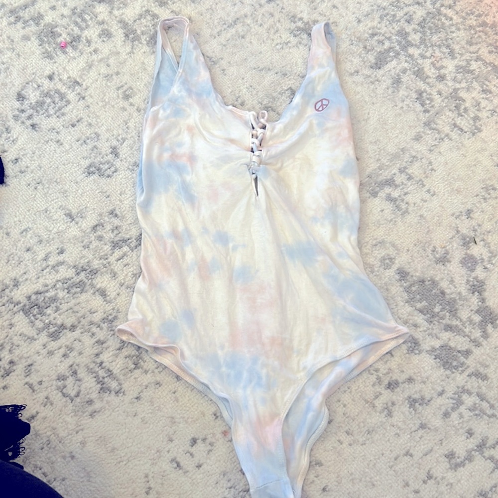 Medium pink and blue tie-dyed lace up tank top bodysuit